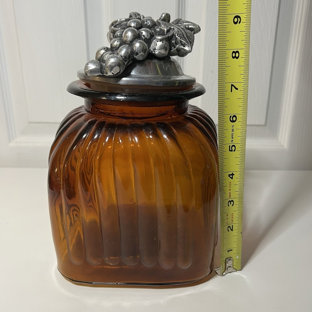Large Ribbed Amber Glass Canister Jar Cast Metal Grapes Handle Lid 9"x7"x7" - Picture 2 of 6